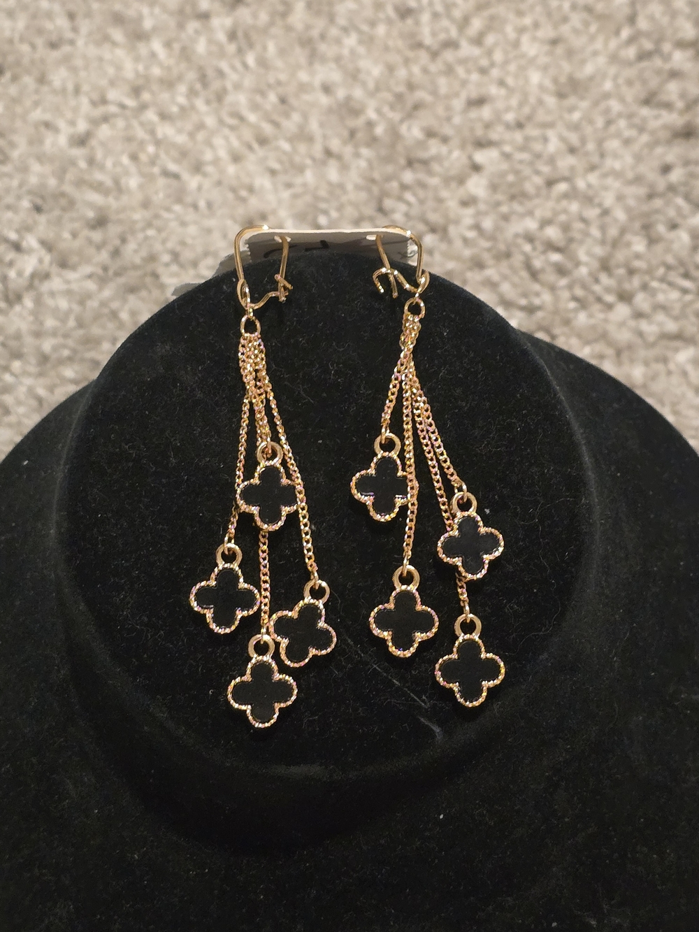 22kgp Dubai Jewelry Gold Tone Black Clover Dangle Earrings - Women's Jewelry